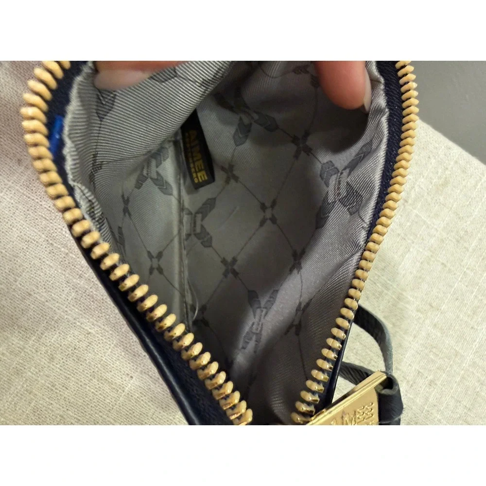 Aimee Kestenberg wallet pouch BENJAMINS embossed zipper tassel pull navy gold ec